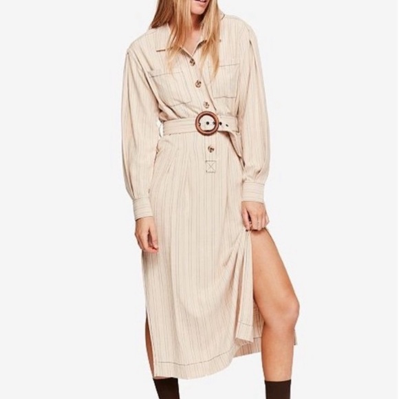 Free People Dresses & Skirts - Free People NEW Linen Audrey Belted Midi Long Sleeve Stripe Resort Style Dress